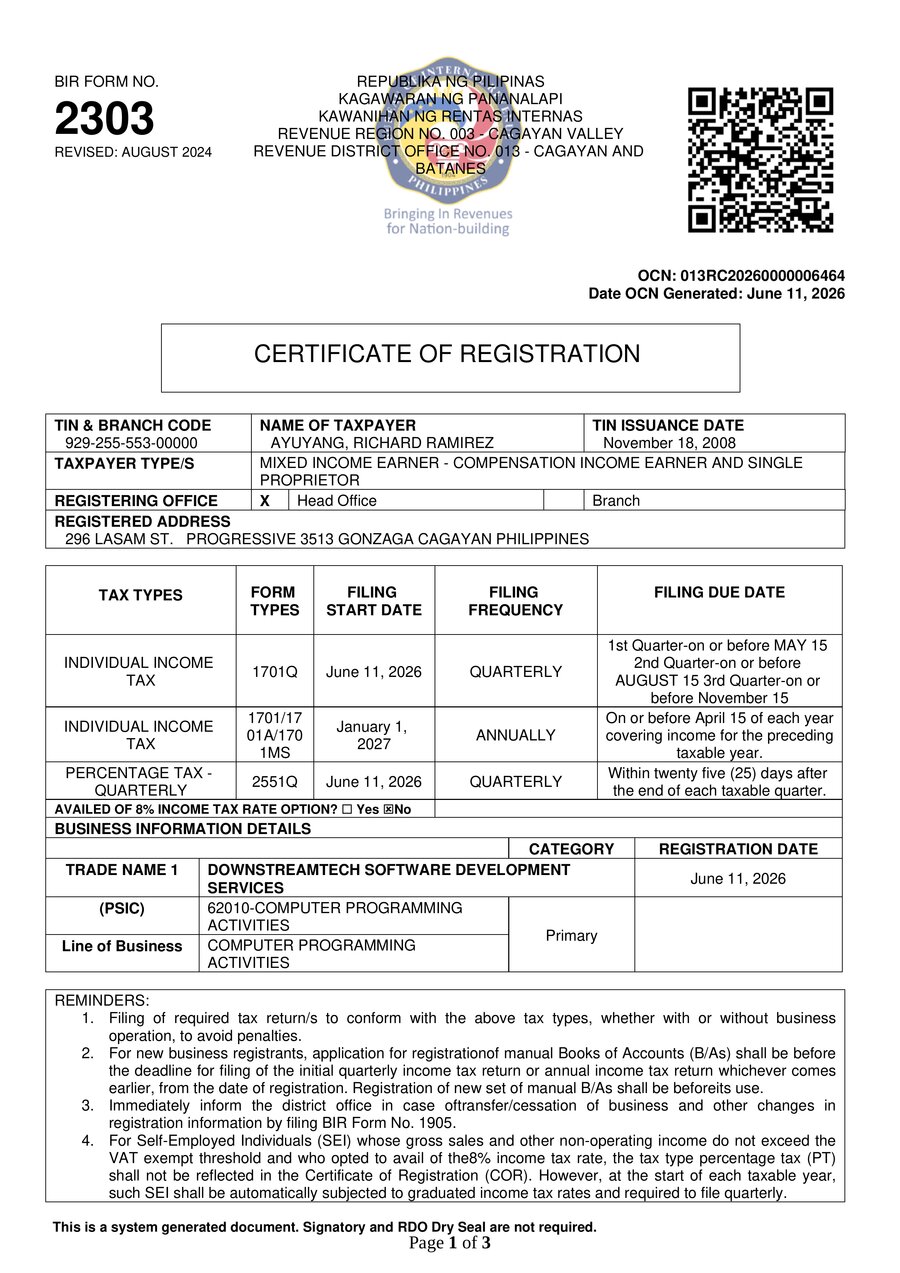 BIR Certificate of Registration (Form 2303) for DownStreamTech Software Development Services