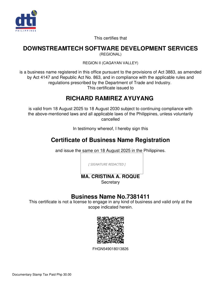 DTI Certificate of Business Name Registration for DownStreamTech Software Development Services (signature redacted)